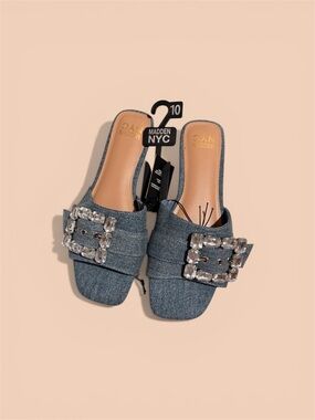 Madden NYC Denim Slide Mules with Crystal Buckle - Blue